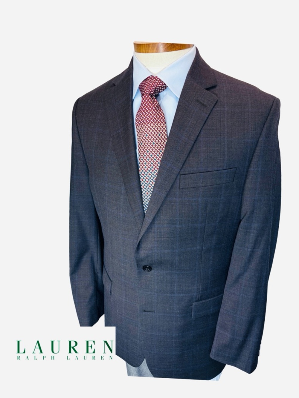 New Lauren Ralph Lauren 40L Mens Stretch Dark Gray Cobalt Blue Windowpane Blazer